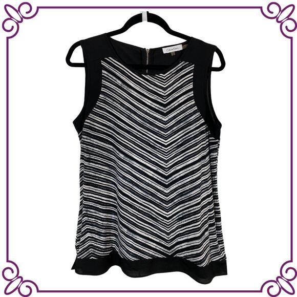 Calvin Klein Sleeveless Black & White Chevron Stretch Tank Bouse Size Medium - Picture 1 of 8